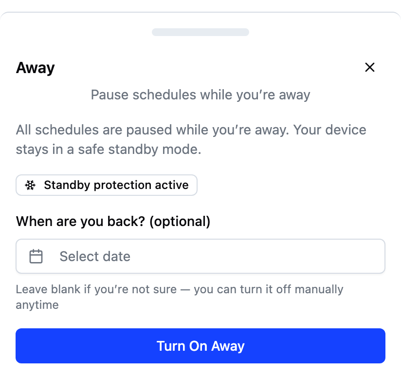 The away dialog with away turned off, showing the Turn On Away button and a date selector.