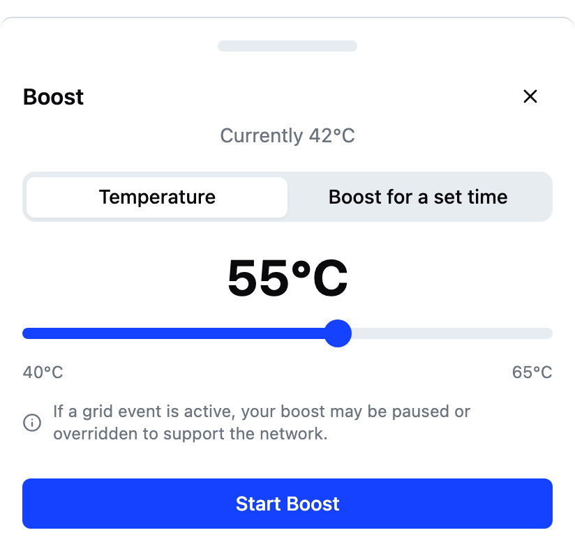 The boost dialog open, letting the user set a target temperature before boosting.