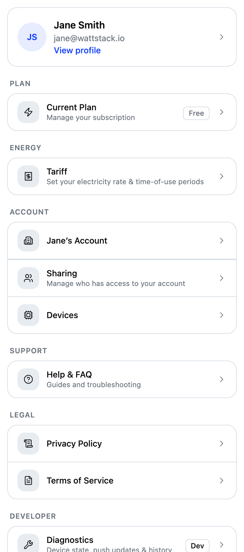 The More menu showing sections for Plan, Energy, Account, Support, and Legal.