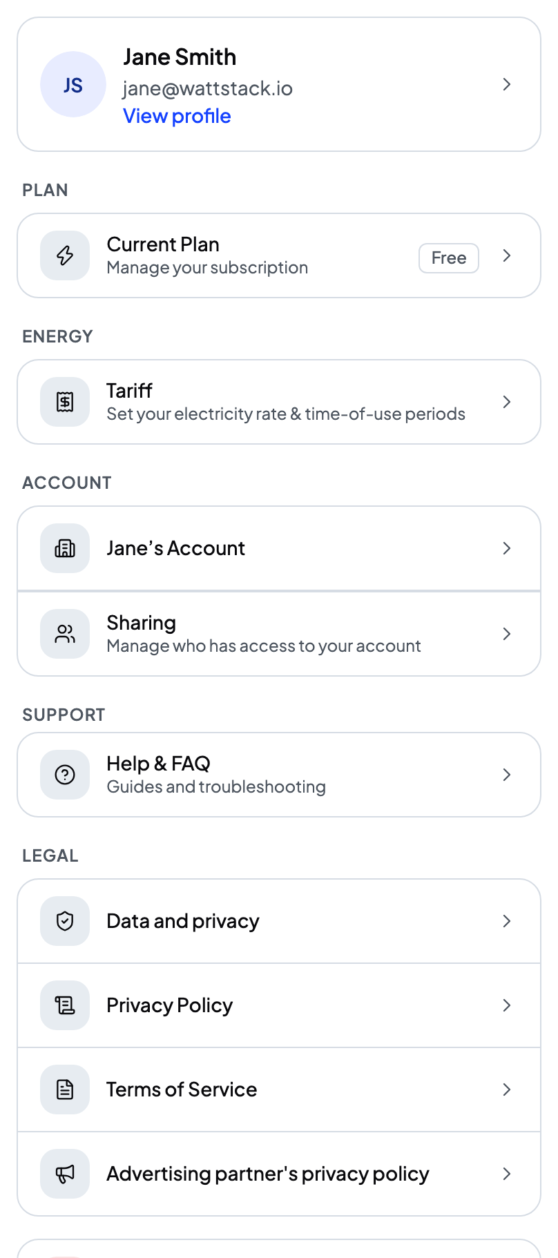 The More menu showing sections for Plan, Energy, Account, Support, and Legal.
