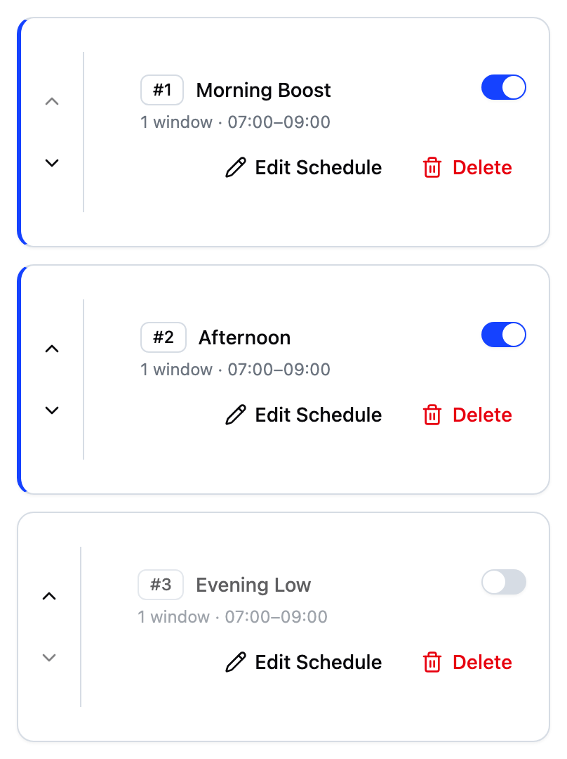 The schedule list showing three heating windows a user has created.