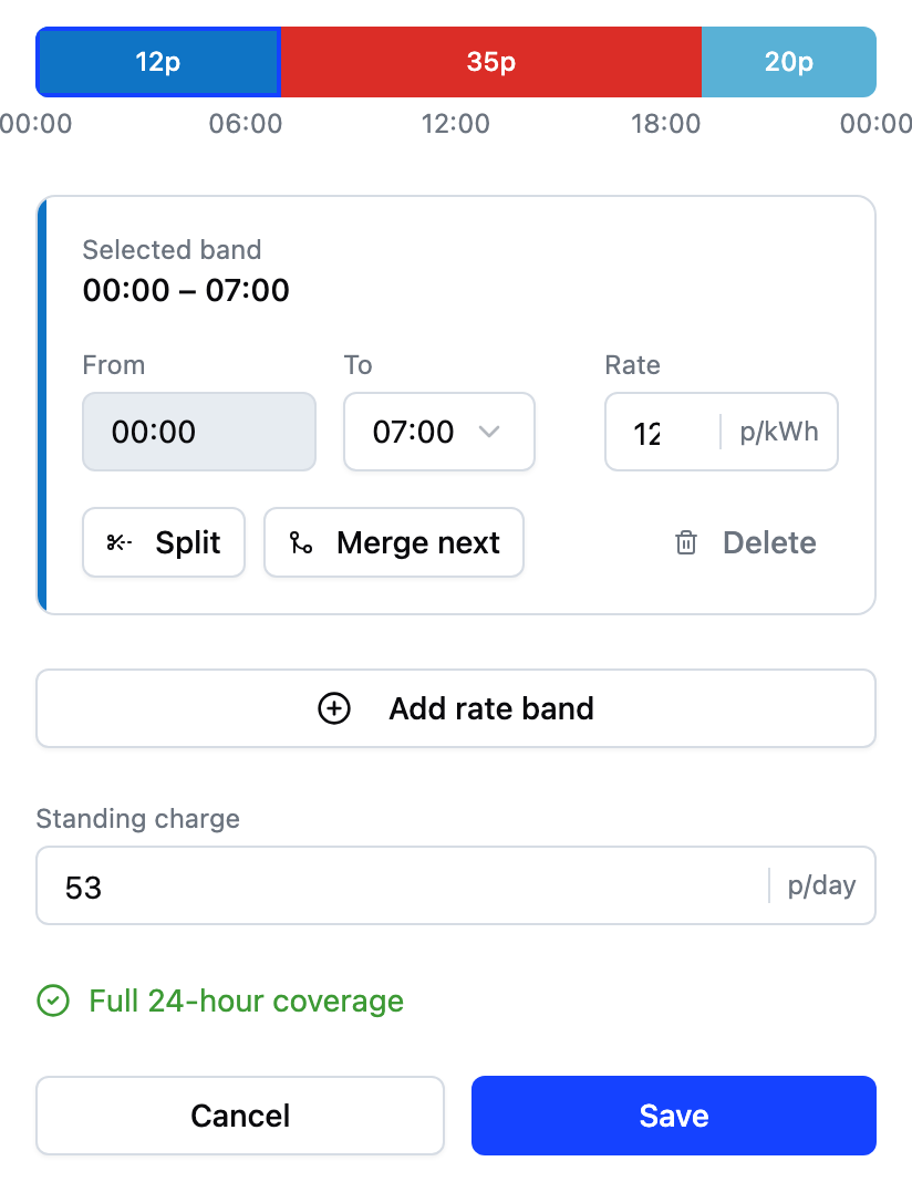 The tariff editor showing three rate bands covering the day, each with its times and unit rate.