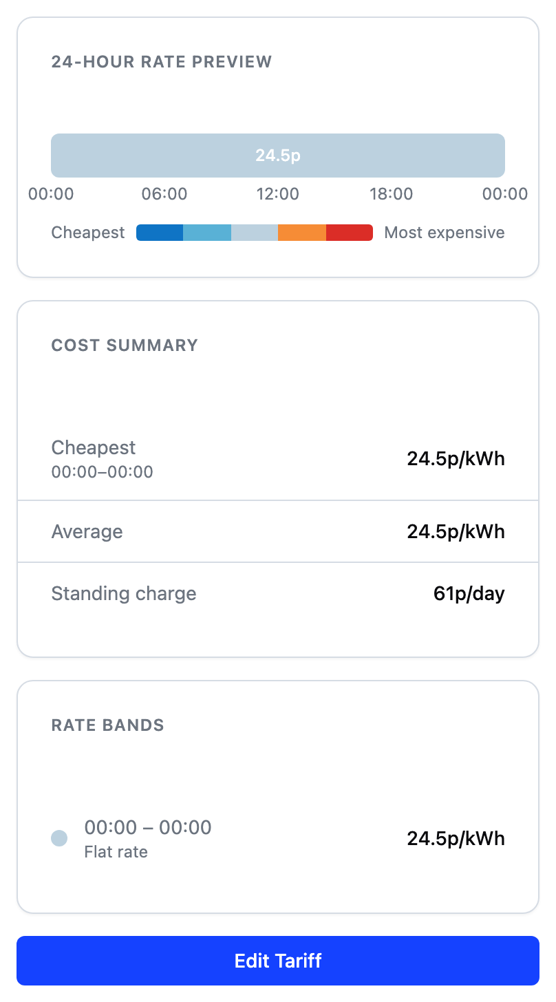 The tariff summary card showing a single flat-rate electricity tariff.